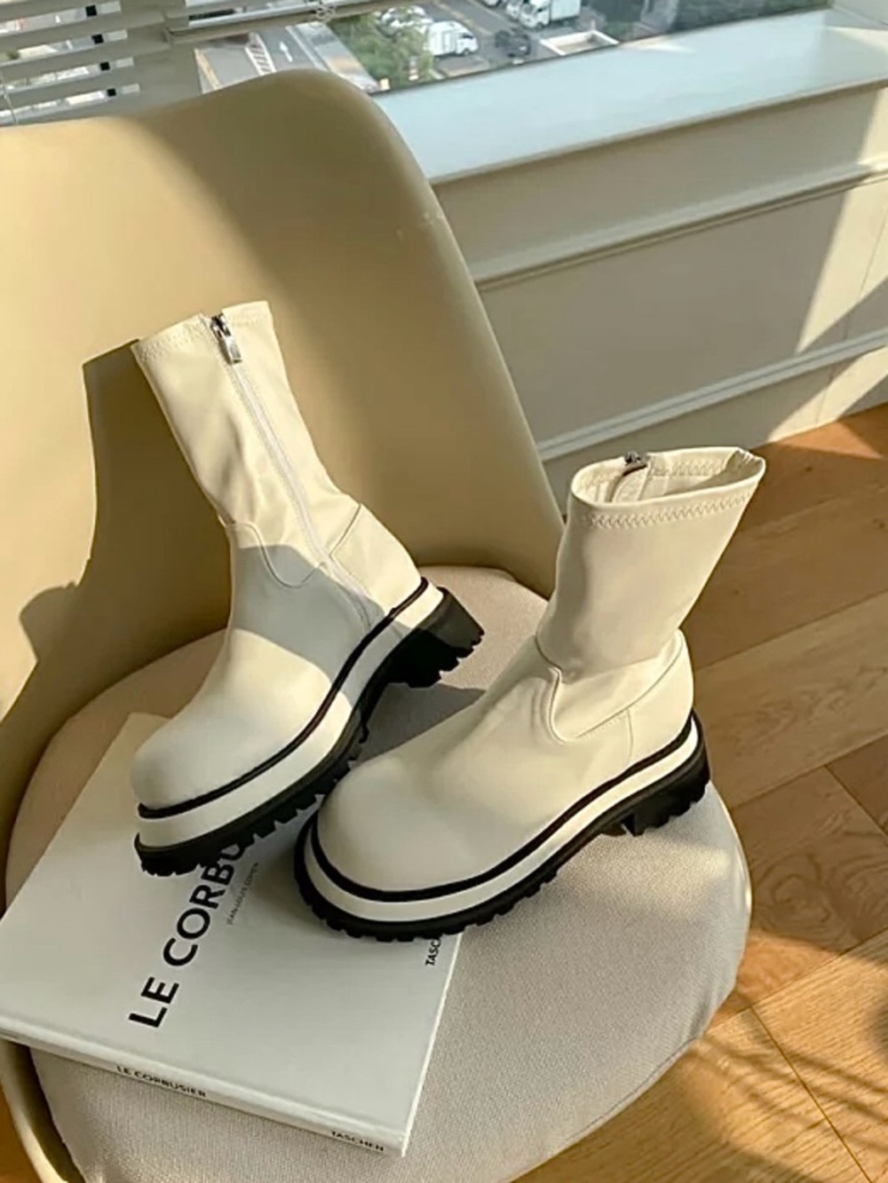 Off White Platform Lug Sole Platform Ankle Boots - Women's